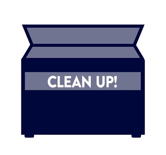 Clean Up! sign on a blue dumpster